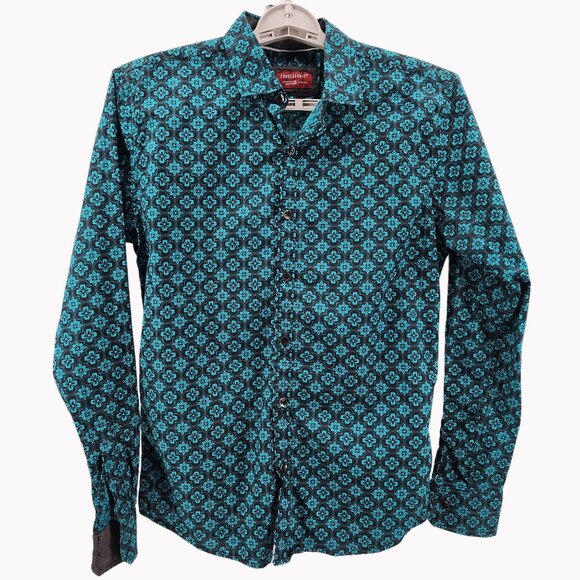Consequence Mens Small Turquoise Black Long Sleeve Button-Up Shirt - Picture 2 of 12